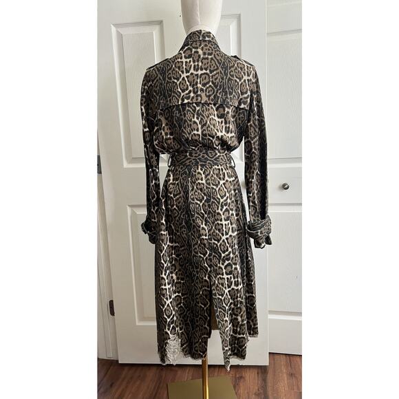 WALKER ROSE Leopard Print Distressed Denim Belted Long Trench Coat - Picture 8 of 13
